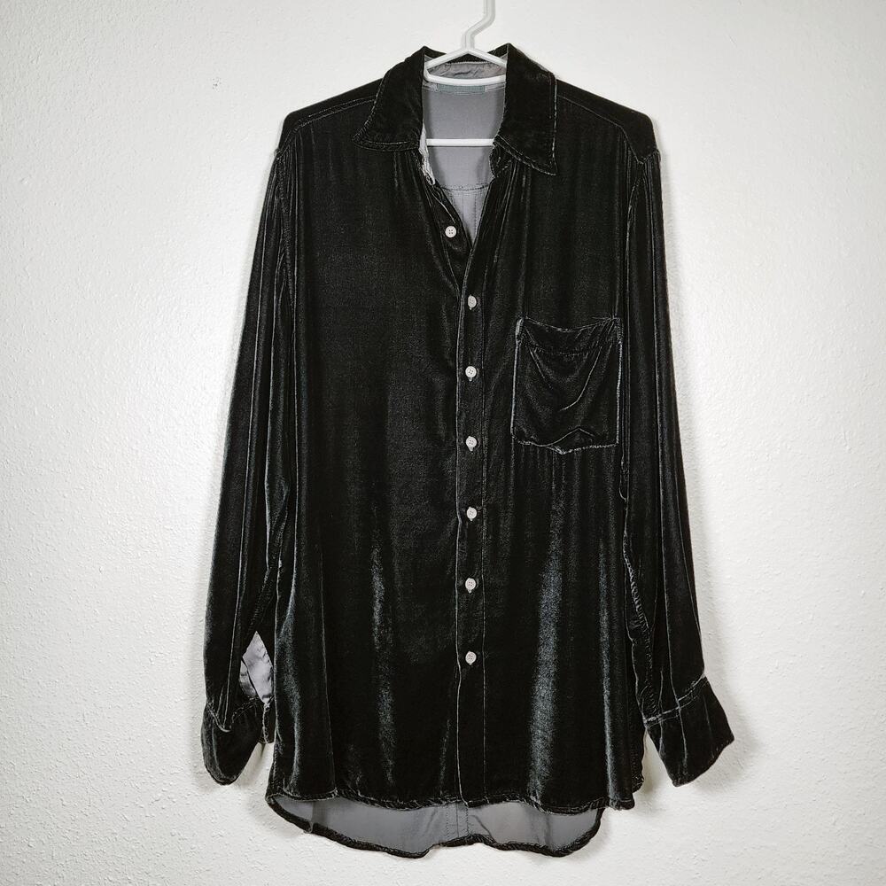 CP Shades Black Velvet Tunic Long Button Front Blouse Rayon Silk Size Small